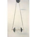 UNUSUAL PENDANT LIGHT with two suspension chains and rods and a central Perspex globe shade,