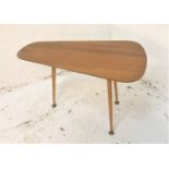 RETRO HILLE OF LONDON TEAK OCCASIONAL TABLE with a shaped top, standing on three screw in tapering