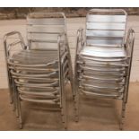 SET OF TEN ALUMINIUM OUTDOOR SEATS with ribbed slatted backs and seats and tubular frames, stackable