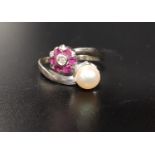 PEARL, RUBY AND DIAMOND CLUSTER DRESS RING the twist design set with a ruby and diamond cluster