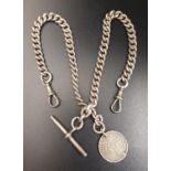 SILVER DOUBLE ALBERT CHAIN with T-bar and 1 Franc coin fob, total weight approximately 65.3 grams