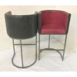 PAIR OF TUB BAR STOOLS with grey exterior and pink interior vinyl covering, raised on steel supports