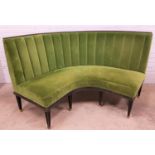 GREEN VELVET CURVED BACK BANQUETTE SEAT the raised ribbed back above padded seat, standing on nine