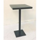 STAINED ASH SQUARE TOPPED HIGH BAR TABLE standing on metal column with square base, 113cm high and