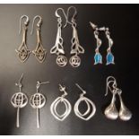 SIX PAIRS OF SILVER DROP EARRINGS including two pairs by Malcolm Gray (Ortak); a blue enamel