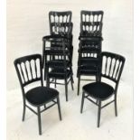 SET OF TEN BLACK GLOSS FUNCTION CHAIRS with shaped stick backs above padded seats, stackable (10)