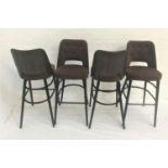 SET OF FOUR FAUX LEATHER AND SNAKESKIN EFFECT BUTTON BACK BAR STOOLS with shaped backs and seats,