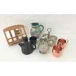 SMALL LOT OF KITCHEN ITEMS including a folding cookbook stand, two hammered copper mugs, a domed