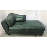 LAND OF LEATHER CHAISE LONGUE covered in bottle green leather, standing on shaped supports, 180cm