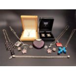 SELECTION OF SILVER JEWELLERY including a large purple glass pendant with silver mount and chain,