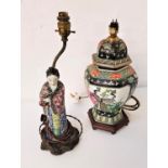 JAPANESE PORCELAIN TABLE LAMP modeled as a Geisha in traditional dress holding a plate of fruit,