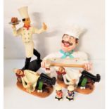 SELECTION OF COMICAL CHEF FIGURINES in resin, including a wall mounted kitchen roll holder, 31cm