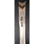 VICTORIAN SILVER LETTER OPENER with fox head finial, Chester 1897, also marked for A. Barrett &