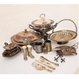 SELECTION OF SILVER PLATE including a soup tureen with side handles, shaped lidded muffin dish
