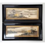 PAIR OF JAPANESE SCHOOL WATERCOLOURS the monochrome palette with gilt highligts, depicting landscape