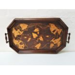 POKER WORK TRAY with turned carrying handles, decorated with flowers and leaves, 60cm wide