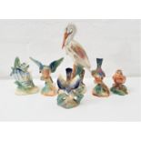 SIX CAMPSIE WARE LUSTRE WARE FIGURINES including a fish, stork, blue tit and three robins (6)