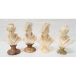 PAIR OF CLASSICAL FEMALE BUSTS raised on shaped green and brown marble bases, in resin, 25cm high,