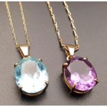 TWO GEM SET SINGLE STONE PENDANTS one aquamarine and one amethyst, the oval cut stones on each