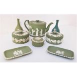 SELECTION OF WEDGWOOD GREEN JASPERWARE including a coffee pot with a chip to the rim and lid, a pair