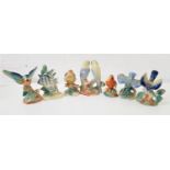 SEVEN CAMPSIE WARE LUSTRE FIGURINES including a thrush, pair of budgies, robin, blue tit, fish,
