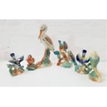 SIX CAMPSIE WARE LUSTRE FIGURINES including a stork, pair of birds, robin, budgie and two blue