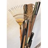 SELECTION OF GARDEN TOOLS including a rake, hand shears, two pairs of edging shears, hoe, spade,