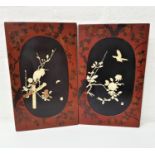 PAIR OF SHIBYAMA STYLE PANELS both of the lacquered panels with inlaid bone bird and floral