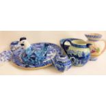 MIXED LOT OF CHINA including a large blue and white Copeland charger with a later applied brass