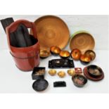 LARGE SELECTION OF LACQUERED AND PAINTED EAST ASIAN ITEMS including a Chinese well bucket, a