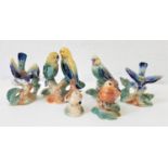 SIX CAMPSIE WARE LUSTRE WARE FIGURINES including two blue tits, budgie, robin, wren and a pair of