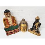 THREE CARVED WOODEN BALINESE FIGURES comprising a gilt wood and mirrored tile wall mark, 30cm