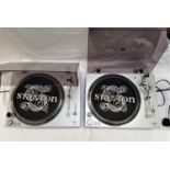 TWO STANTON STR8-30 DIRECT DRIVE TURNTABLES with straight tone arms, with boxes