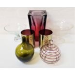 SELECTION OF GLASSWARE including a tapering ruby vase, 28cm high, green onion shape vase, 20.5cm