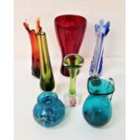 SELECTION OF ART GLASS including a Mdina squat blue vase with brown veining, ruby vase of waisted