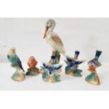 SIX CAMPSIE WARE LUSTRE FIGURINES including a robin, stork, budgie, two blue tits, and another birds