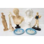 SELECTION OF FIGURINES AND BUSTS in resin and plaster including a classical male bust, 47cm high,