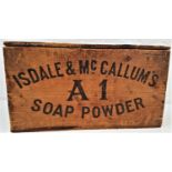 VINTAGE PINE BOX with a lift up lid, branded for 'Isdale & McCallums A1 Soap Powder', 42cm wide