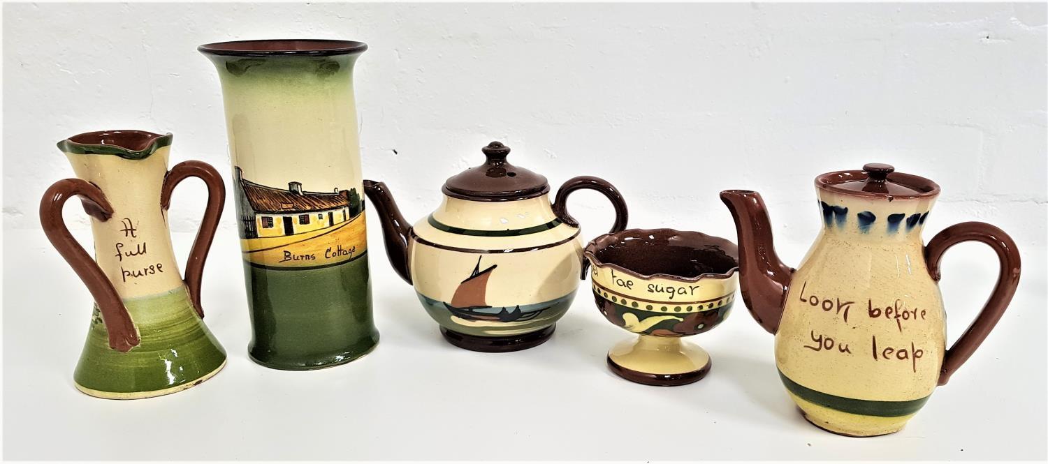 SELECTION OF CORNISH STUDIO ART POTTERY including two tea pots, tyg, cup and saucer, two egg cups, - Image 2 of 2