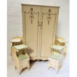 WALNUT OF LONDON PAINTED MAHOGANY BEDROOM SUITE comprising a wardrobe with a moulded top above two