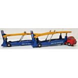 TWO VINTAGE CORGI CARRIMORE CAR TRANSPORTERS with red Bedford tractor units and blue and yellow