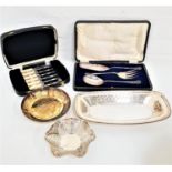 MIXED LOT OF SILVER PLATE including an oval presentation tray with inscription, a pair of shaped and