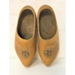 PAIR OF HAND MADE VINTAGE WOODEN CLOGS with transfer crest for Belgique 1945, approximately 31cm