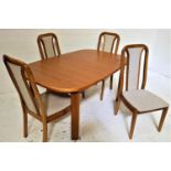 TEAK D END DINING TABLE AND CHAIRS the table with a pull apart top revealing a fold out leaf,