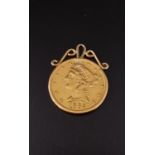 UNITED STATED 1882 FIVE DOLLARS LIBERTY/CORONET HEAD HALF EAGLE GOLD COIN in scroll mount, total