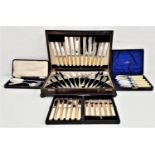 SELECTION OF CASED SILVER PLATED FLATWARE including an oak canteen with six place setting,