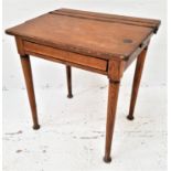 VINTAGE ELM CHILD'S SCHOOL DESK with a pen trough and lift up lid above a front flap, standing on