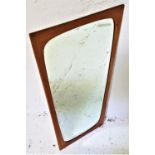 TEAK FRAME WALL MIRROR of tapering form with a bevelled plate, 70cm high