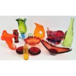 SELECTION OF COLOURED GLASSWARE including a Vasart style green and blue irregular shape vase, a pink