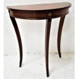 REPRODUX MAHOGANY AND CROSSBANDED D SHAPE SIDE TABLE standing on three sabre legs, 70cm high